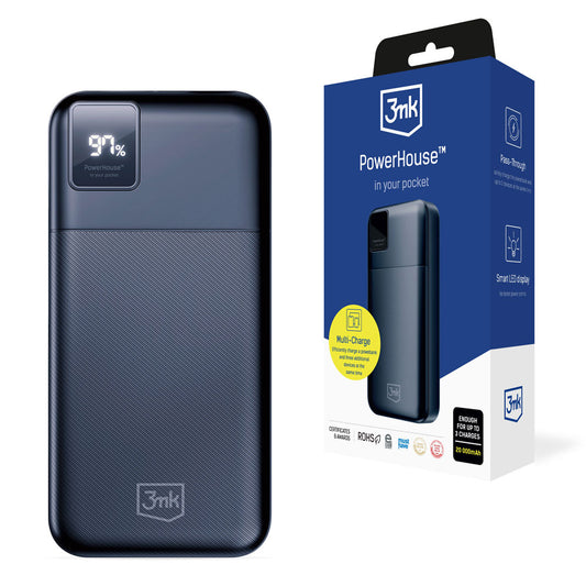 3MK PowerHouse Externe Batterij, 20000mAh, 22.5W, QC + PD, 1 x USB-A - 1 x USB-C, Zwart