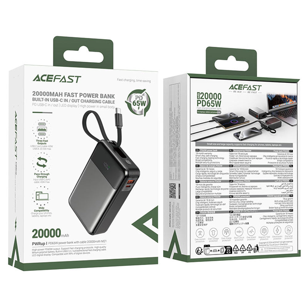 Externe Batterij Acefast M21, 20000mAh, 65W, QC + PD, 1 x USB-A - 2 x USB-C, Zwart
