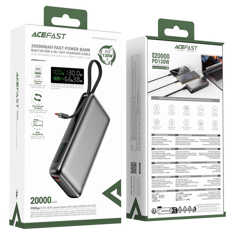 Externe Batterij Acefast M22, 20000mAh, 130W, QC + PD, 1 x USB-A - 2 x USB-C, Zwart