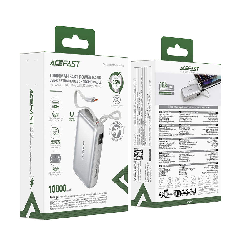 Externe Batterij Acefast M32, 10000mAh, 35W, PD, 2 x USB-C, Zilverkleurig
