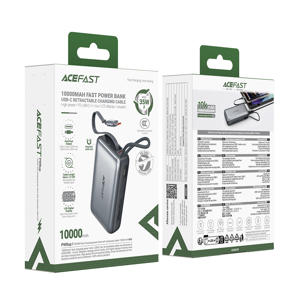 Externe Batterij Acefast M32, 10000mAh, 35W, PD, 2 x USB-C, Grijs