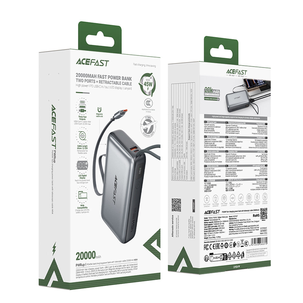 Externe Batterij Acefast M34, 20000mAh, 45W, QC + PD, 1 x USB-A - 2 x USB-C, Gri