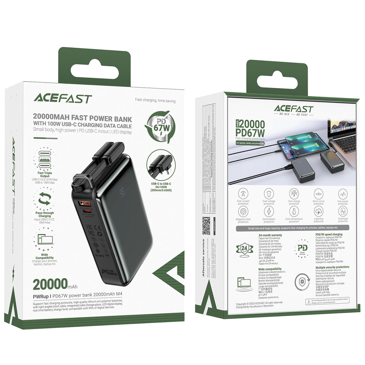 Externe Batterij Acefast M4, 20000mAh, 67W, PD, 1 x USB-A - 2 x USB-C, Zwart