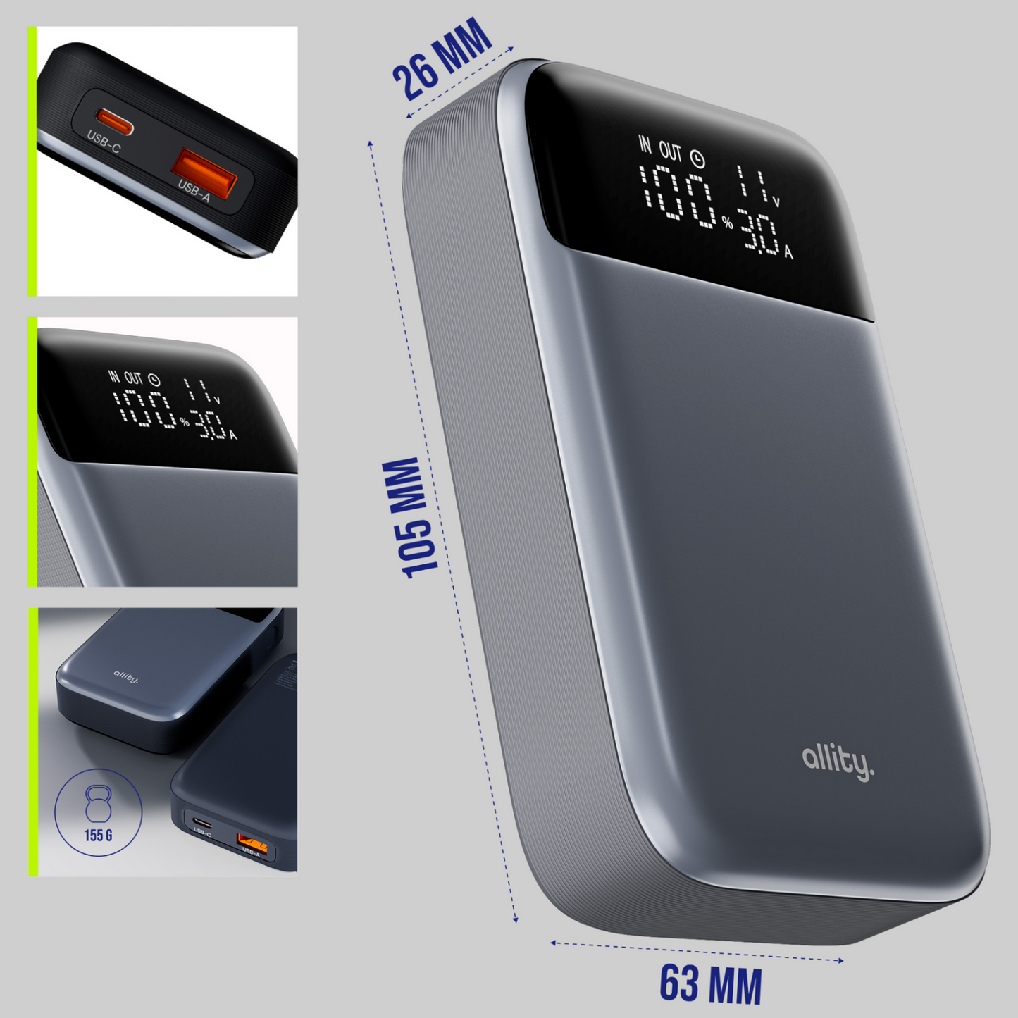 Externe Batterij Allity. APB-200 PocketPower, 10000mAh, 33W, QC + PD, 1 x USB-A - 1 x USB-C, Gri