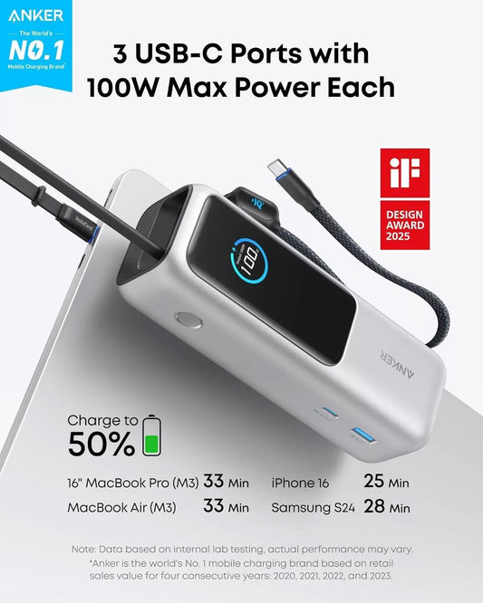 Externe Batterij Anker, 25000mAh, 165W, QC + PD, 1 x USB-A - 3 x USB-C, Zilver, Opnieuw verzegeld A1695H41