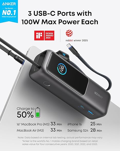 Anker Externe Batterij, 25000mAh, 165W, QC + PD, 1 x USB-A - 3 x USB-C, Grijs A1695H11