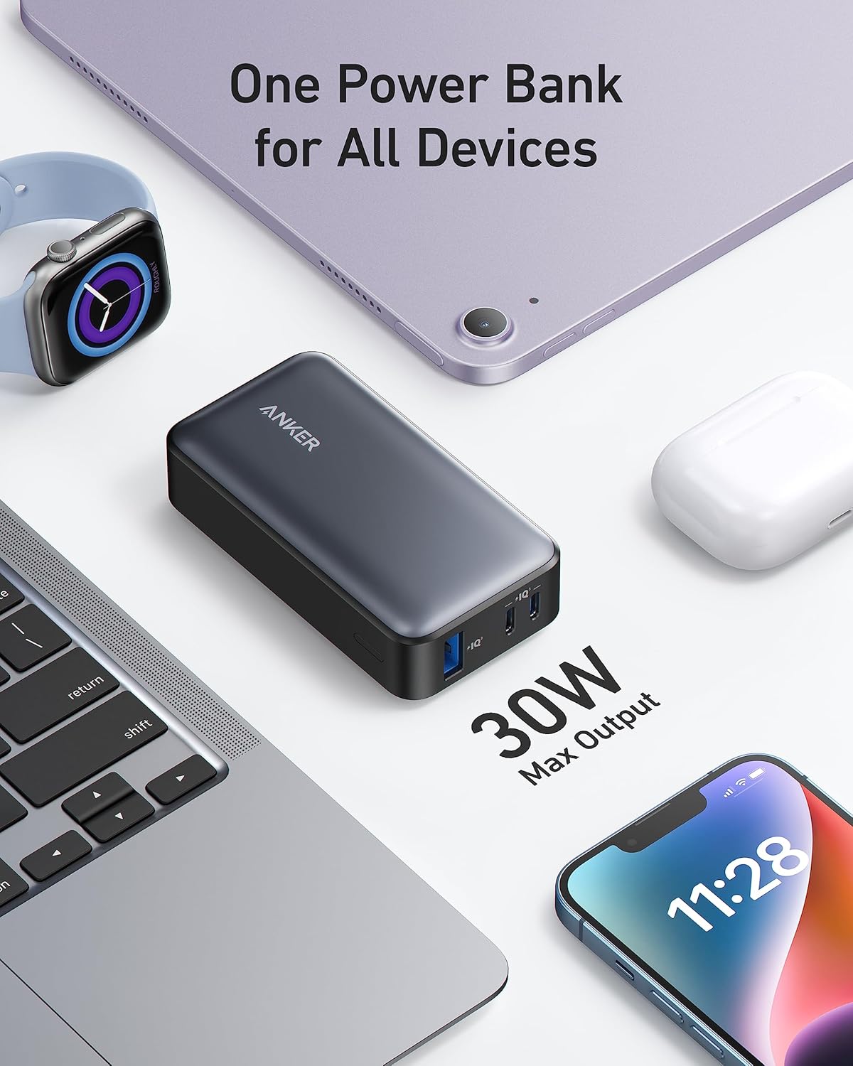 Anker 533 Externe Batterij, 10000mAh, 30W, QC + PD, 1 x USB-A - 2 x USB-C, Zwart A1256G12