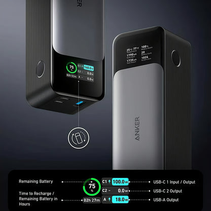 Anker 737 Externe Batterij, 24000mAh, 140W, QC + PD, 1 x USB-A - 2 x USB-C, Zwart A1289011 