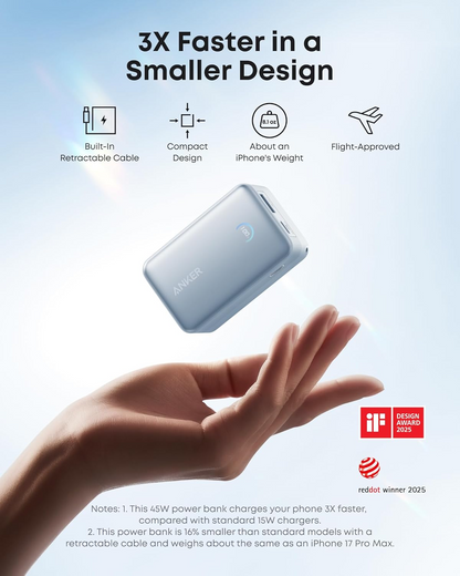 Anker Nano Externe Batterij, 10000mAh, 45W, QC + PD, 1 x USB-A - 2 x USB-C, Blauw
