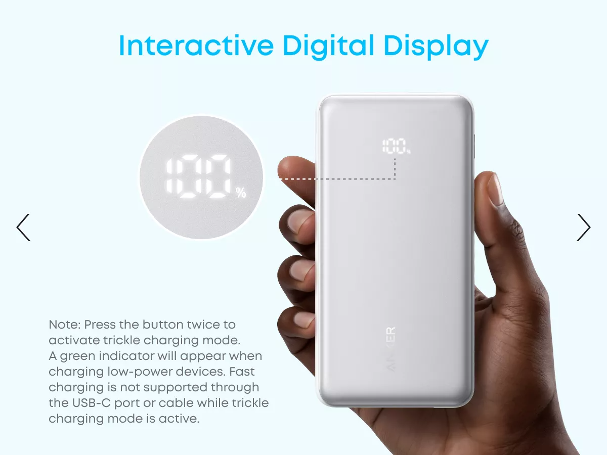 Externe Batterij Anker Zolo, 10000mAh, 22.5W, QC + PD, 1 x USB-A - 2 x USB-C, Wit A110DH21