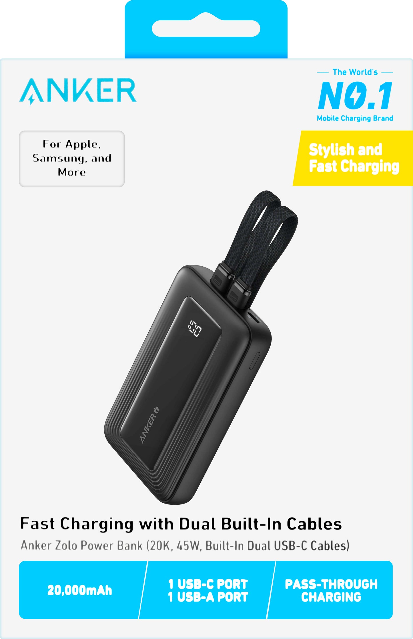 Externe Batterij Anker Zolo, 20000mAh, 45W, QC + PD, 1 x USB-A - 3 x USB-C, Zwart A1681H12