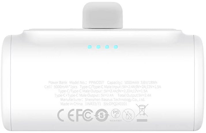 Externe Batterij Baseus Compact, 5000mAh, 20W, PD, 2 x USB-C, Wit P10068306213-00