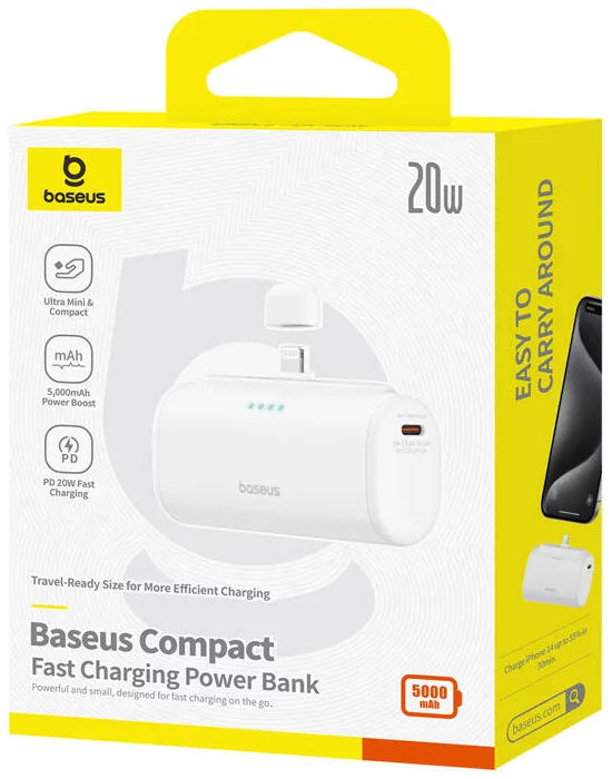 Externe Batterij Baseus Compact, 5000mAh, 20W, PD, 1 x Lightning - 1 x USB-C, Wit P10068307213-00