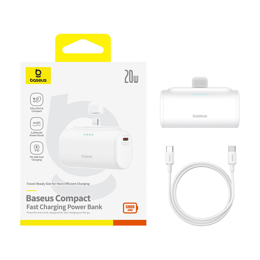 Externe Batterij Baseus Compact, 5000mAh, 20W, PD, 1 x Lightning - 1 x USB-C, Wit P10068307213-00