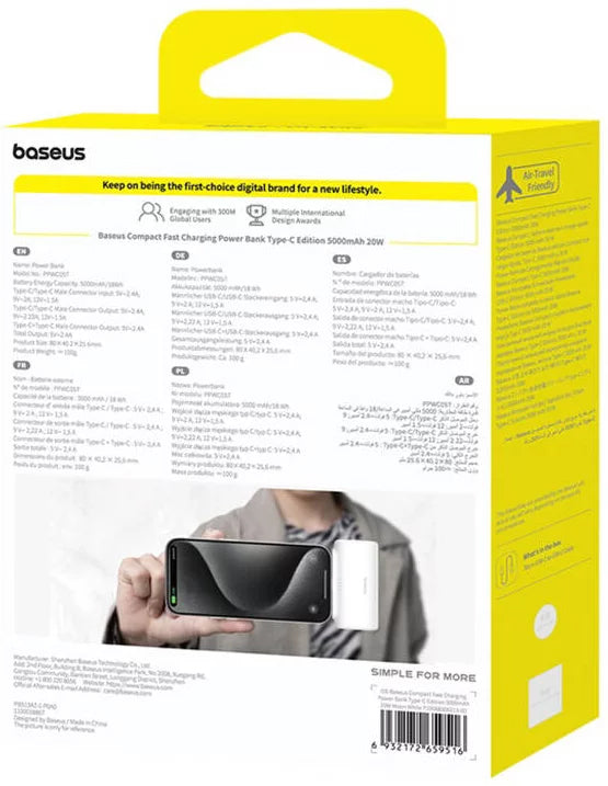 Externe Batterij Baseus Compact, 5000mAh, 20W, PD, 2 x USB-C, Wit P10068306213-00