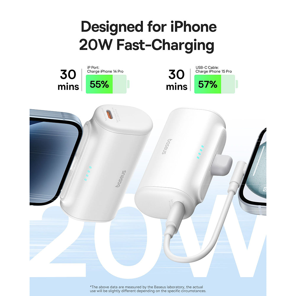 Externe Batterij Baseus Compact, 5000mAh, 20W, PD, 1 x Lightning - 1 x USB-C, Wit P10068307213-00