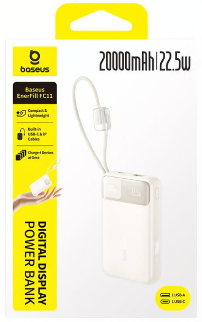 Externe batterij Baseus EnerFill FC11, 20000mAh, 22.5W, QC + PD, 1 x Lightning - 1 x USB-A - 2 x USB-C, Beige E0027S05