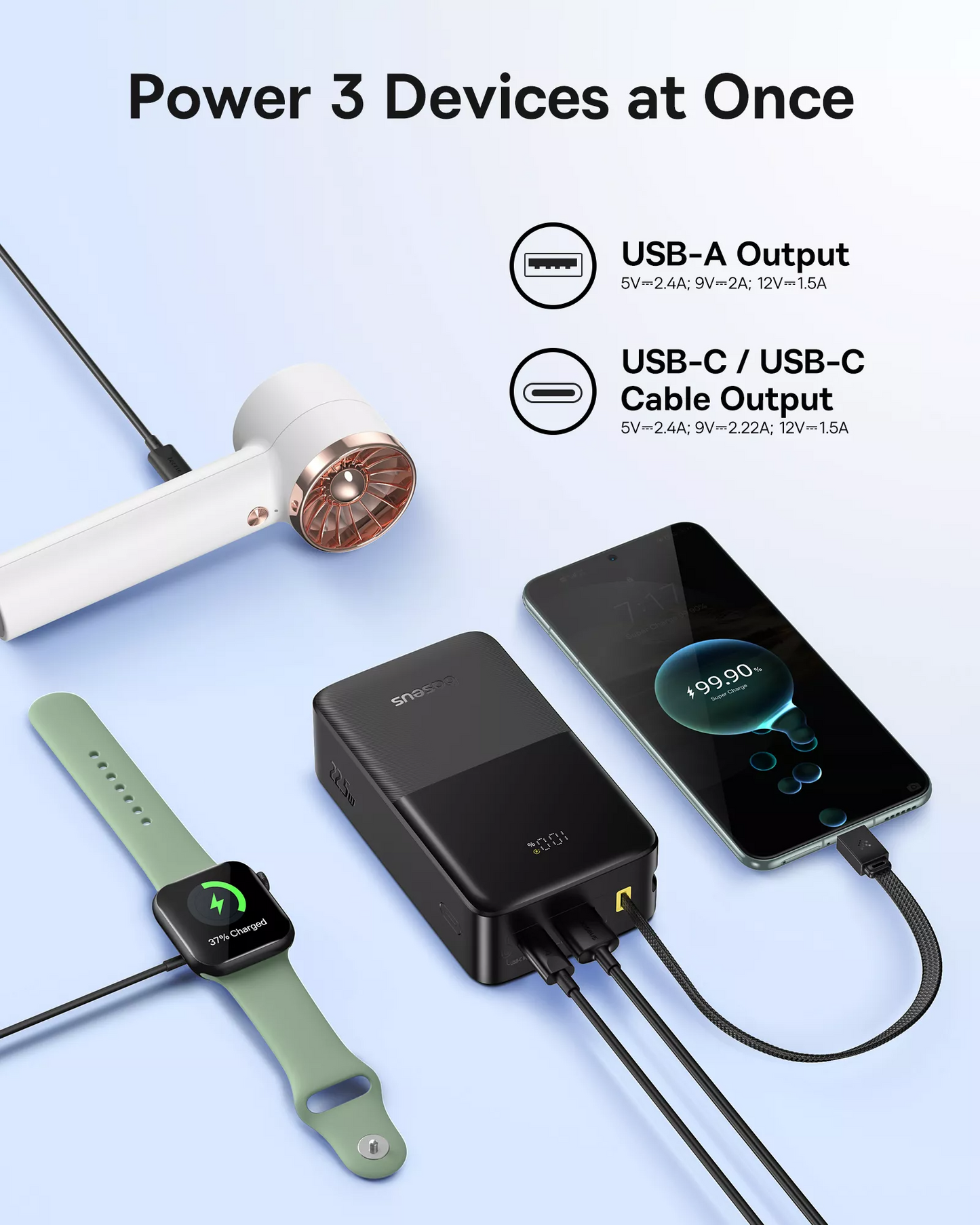 Externe Batterij Baseus EnerFill Bipow2 Pro, 30000mAh, 22.5W, QC + PD, 1 x USB-A - 2 x USB-C, Zwart E0028100