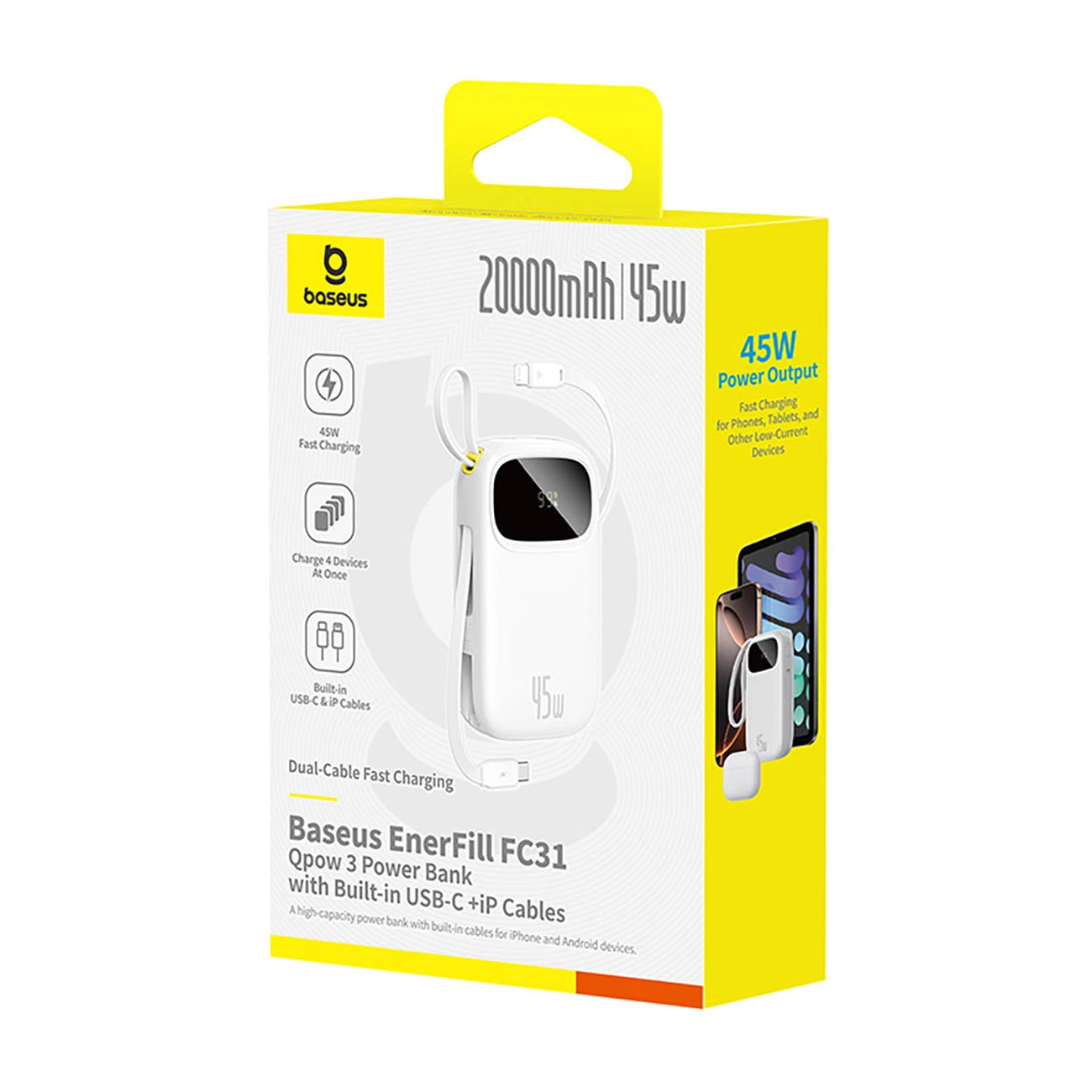 Externe Batterij Baseus EnerFill FC31, 20000mAh, 45W, QC + PD, 1 x Lightning - 1 x USB-A - 2 x USB-C, Wit E0028D01