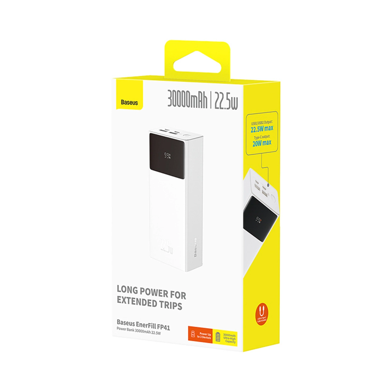 Externe Batterij Baseus EnerFill FP41, 30000mAh, 22.5W, QC + PD, 1 x USB-C - 2 x USB-A, Wit
