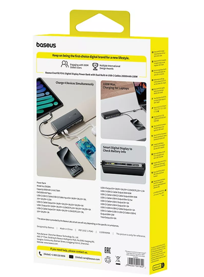 Baseus EnerFill FC41 External Battery, 20000mAh, 100W, QC + PD, 1 x USB-A - 3 x USB-C, Black E0028N03