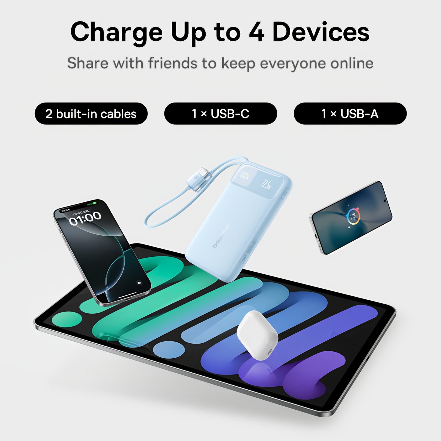 Externe batterij Baseus EnerFill FC11, 20000mAh, 22.5W, QC + PD, 1 x Lightning - 1 x USB-A - 2 x USB-C, Blauw E0027S06