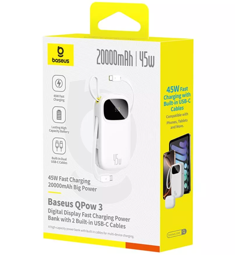 Externe batterij Baseus EnerFill FC31, 20000mAh, 45W, QC + PD, 1 x Lightning - 1 x USB-A - 2 x USB-C, Wit P10082105213-00