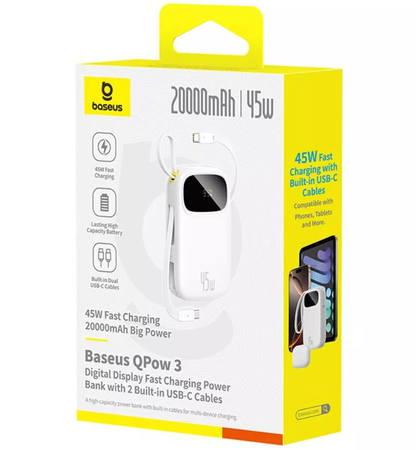 Externe batterij Baseus EnerFill FC31, 20000mAh, 45W, QC + PD, 1 x Lightning - 1 x USB-A - 2 x USB-C, Wit P10082105213-00