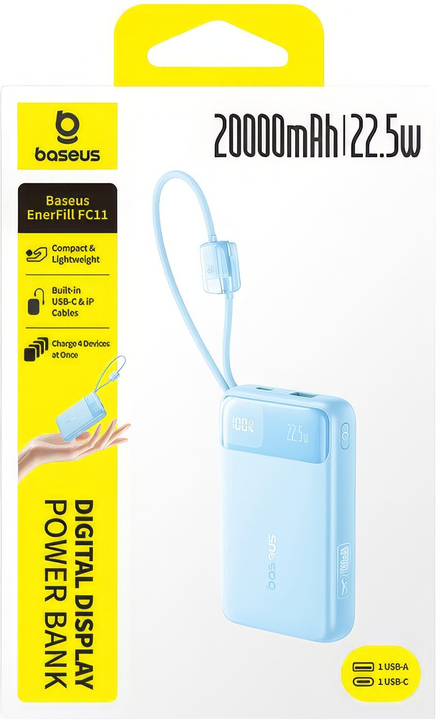 Externe batterij Baseus EnerFill FC11, 20000mAh, 22.5W, QC + PD, 1 x Lightning - 1 x USB-A - 2 x USB-C, Blauw E0027S06