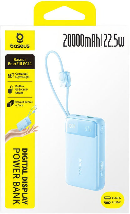 Externe batterij Baseus EnerFill FC11, 20000mAh, 22.5W, QC + PD, 1 x Lightning - 1 x USB-A - 2 x USB-C, Blauw E0027S06