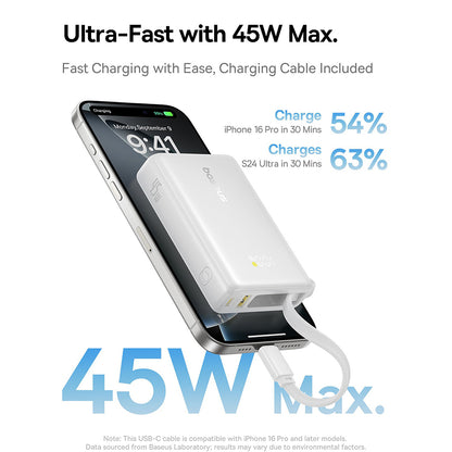 Externe Batterij Baseus PicoGo, 10000mAh, 45W, QC + PD, 1 x USB-A - 2 x USB-C, Wit P10076803213-00
