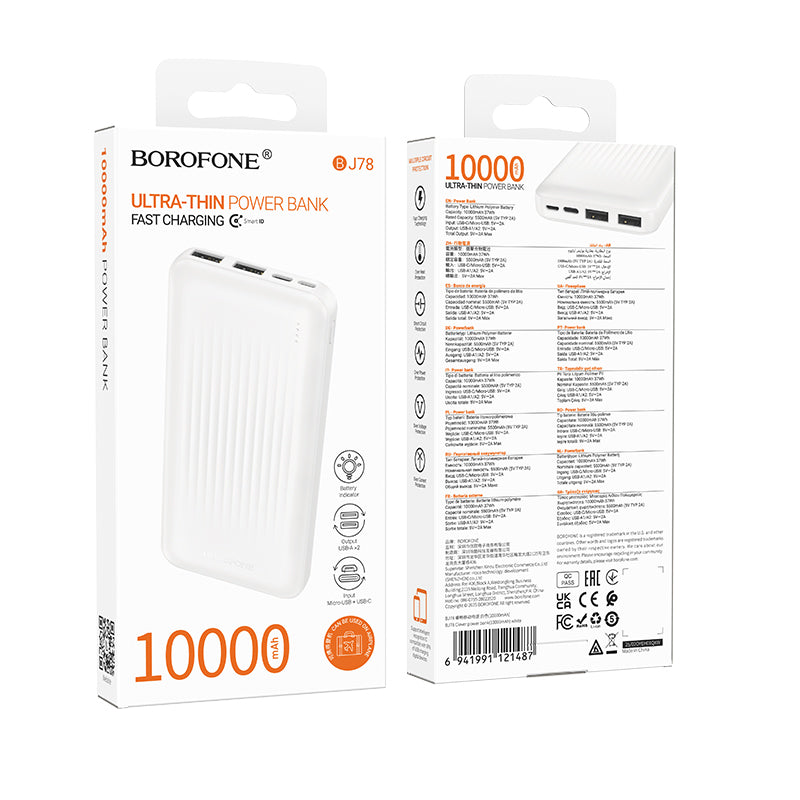 Borofone BJ78 Clever Externe Batterij, 10000mAh, 10W, 2 x USB-A, Wit
