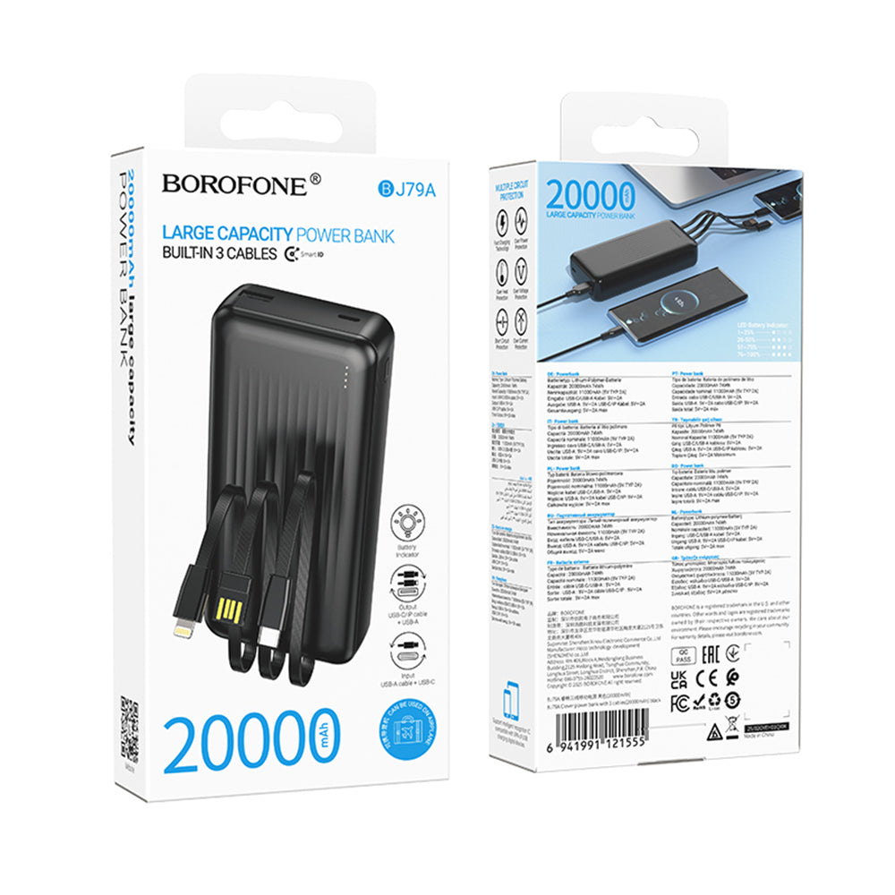 Externe Batterij Borofone BJ79 Clever, 20000mAh, 10W, 1 x Lightning - 1 x USB-A - 1 x USB-C, Zwart