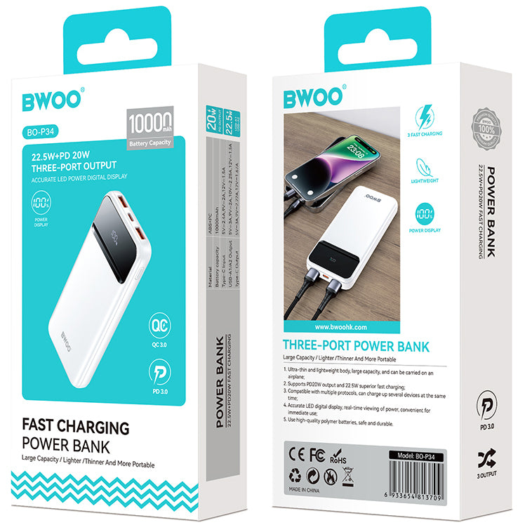 Externe batterij BWOO BO-P34, 10000mAh, 22,5W, QC + PD, 1 x USB-C - 2 x USB-A, Wit