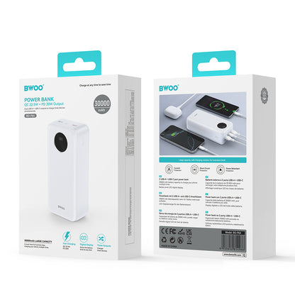 Externe Batterij BWOO BO-P64, 30000mAh, 22.5W, QC + PD, 1 x USB-C - 2 x USB-A, Wit