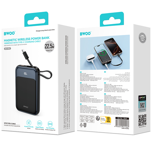 Draadloze Externe Batterij BWOO BO-P80, 10000mAh, 22.5W, PD + FQI, 1 x QI - 2 x USB-C, Zwart