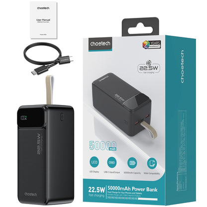 Externe Batterij Choetech B732, 50000mAh, 22.5W, QC + PD, 1 x USB-C - 2 x USB-A, Zwart 