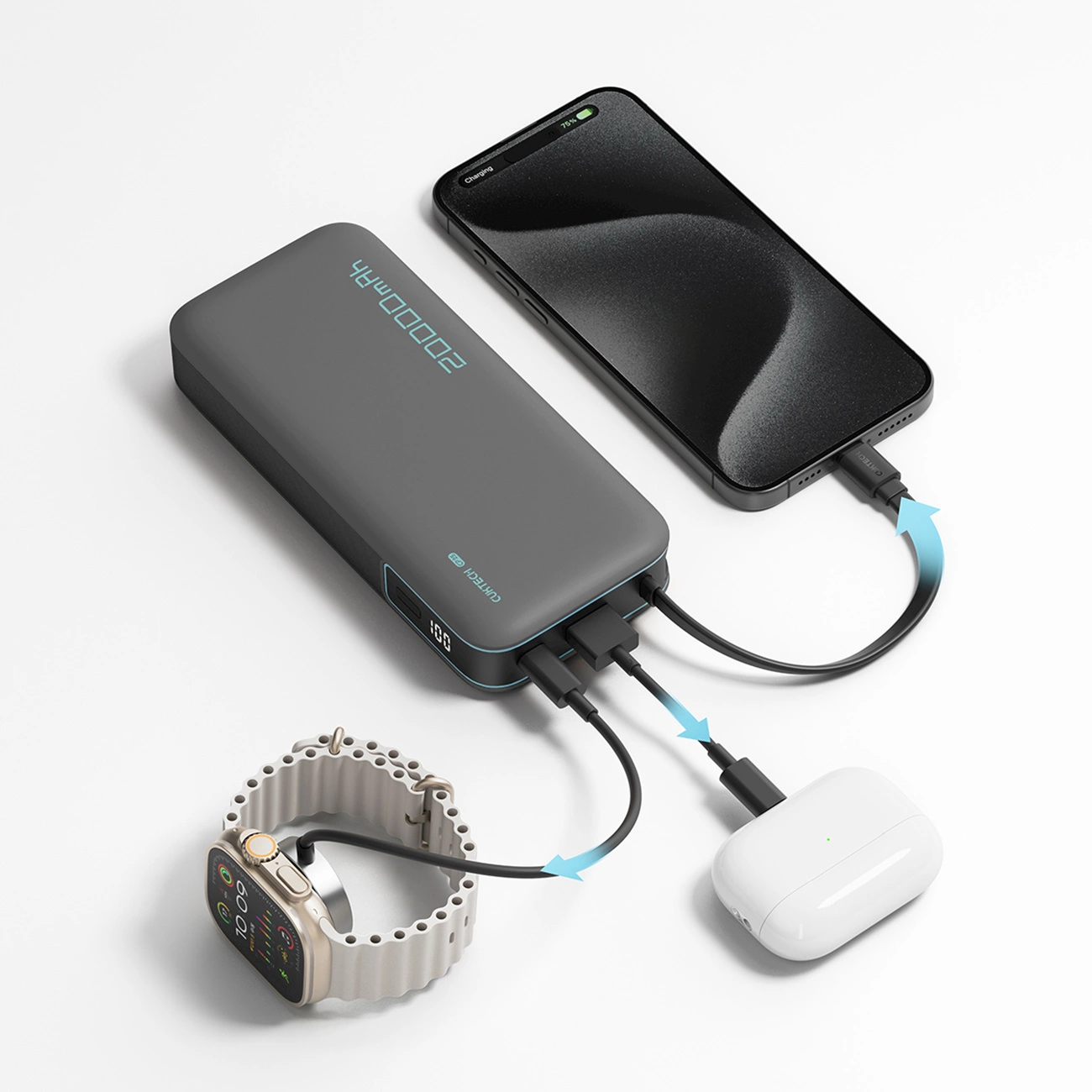 Externe Batterij Cuktech, 20000mAh, 55W, QC + PD, 1 x USB-A - 2 x USB-C, Grijs CUKP200NGLDG