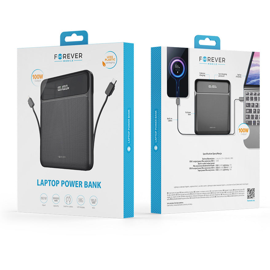 Forever TB-200 Externe Batterij, 20000mAh, 100W, QC + PD, 1 x Lightning - 2 x USB-C - 2 x USB-A, Zwart