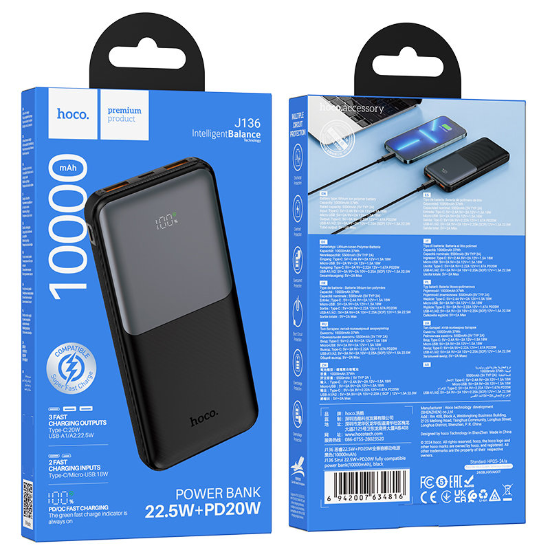 HOCO J136 powerbank, 10000 mAh, 22,5 W, QC + PD, 1 x USB-C - 2 x USB-A, zwart