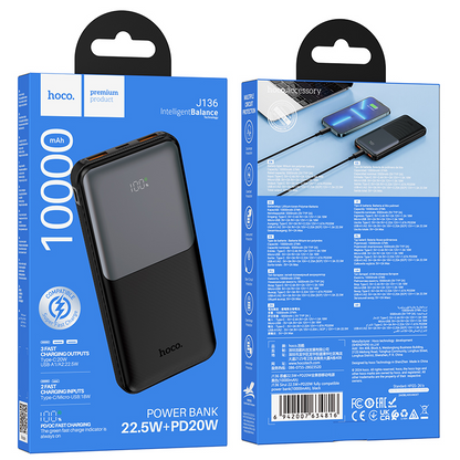 HOCO J136 powerbank, 10000 mAh, 22,5 W, QC + PD, 1 x USB-C - 2 x USB-A, zwart