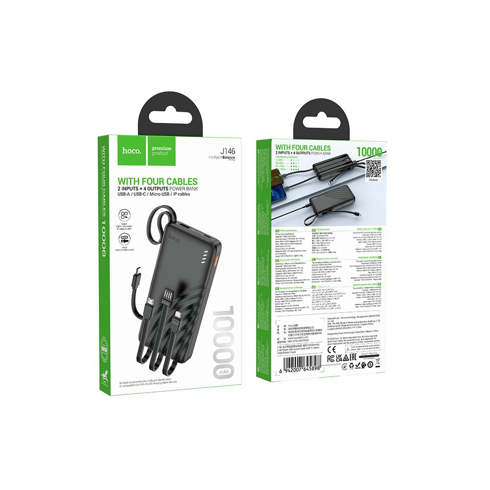 HOCO J146 External Battery, 10000mAh, 10W, 1 x Lightning - 1 x microUSB - 1 x USB-A - 1 x USB-C, Black