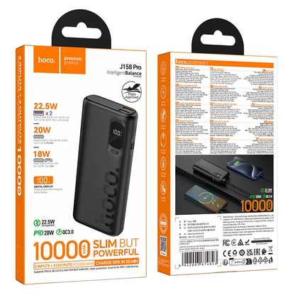 Externe batterij HOCO J158 Pro, 10000mAh, 22,5W, QC + PD, 1 x USB-C - 2 x USB-A, Zwart