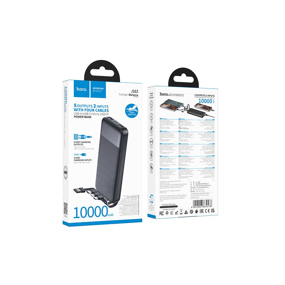 Externe batterij HOCO J163, 10000mAh, 10W, 1 x Lightning - 1 x microUSB - 2 x USB-A - 1 x USB-C, Zwart