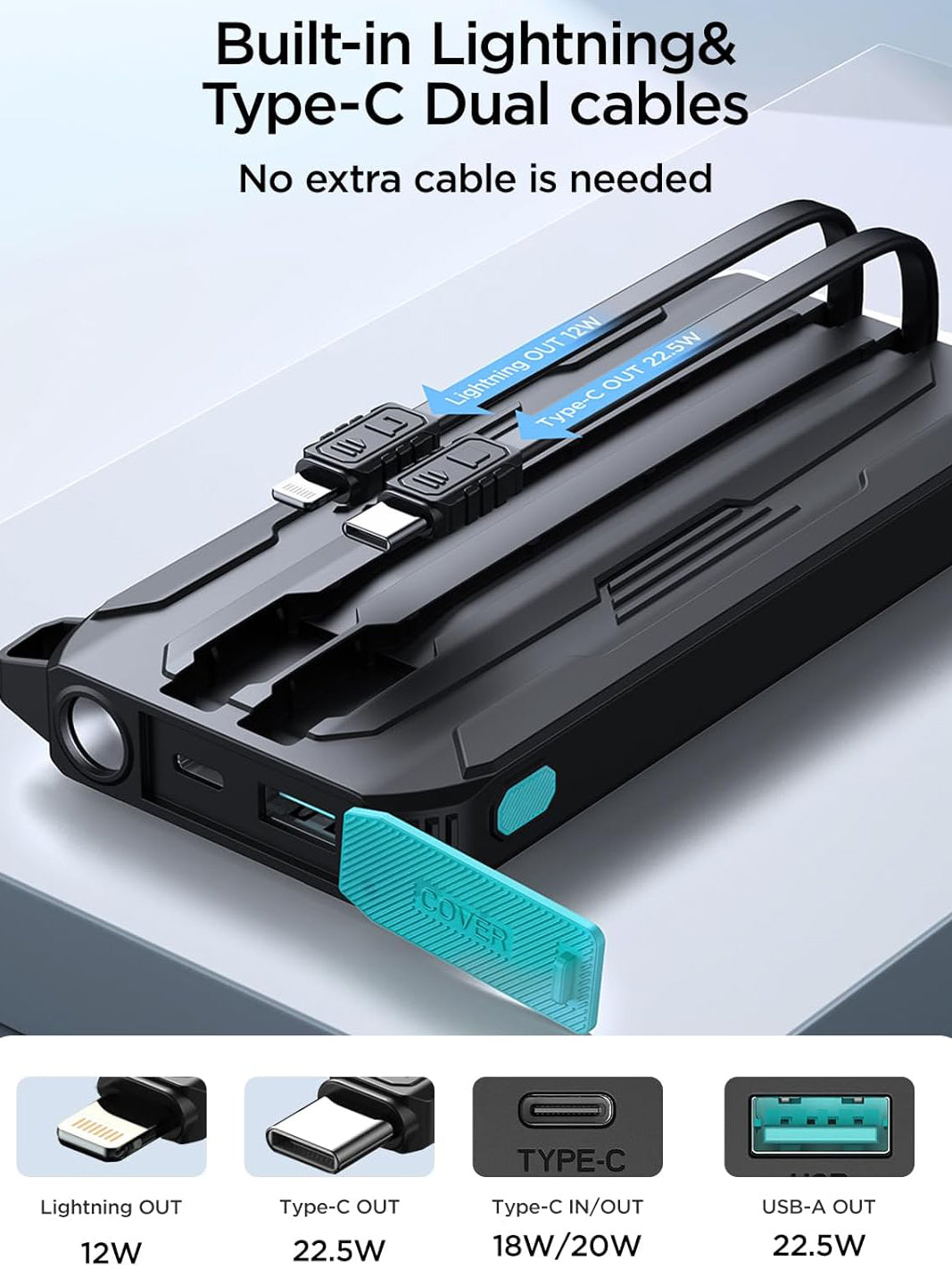 Externe Batterij Joyroom JR-L017, 10000mAh, 22.5W, QC + PD, 1 x Lightning - 1 x USB-A - 2 x USB-C, Zwart