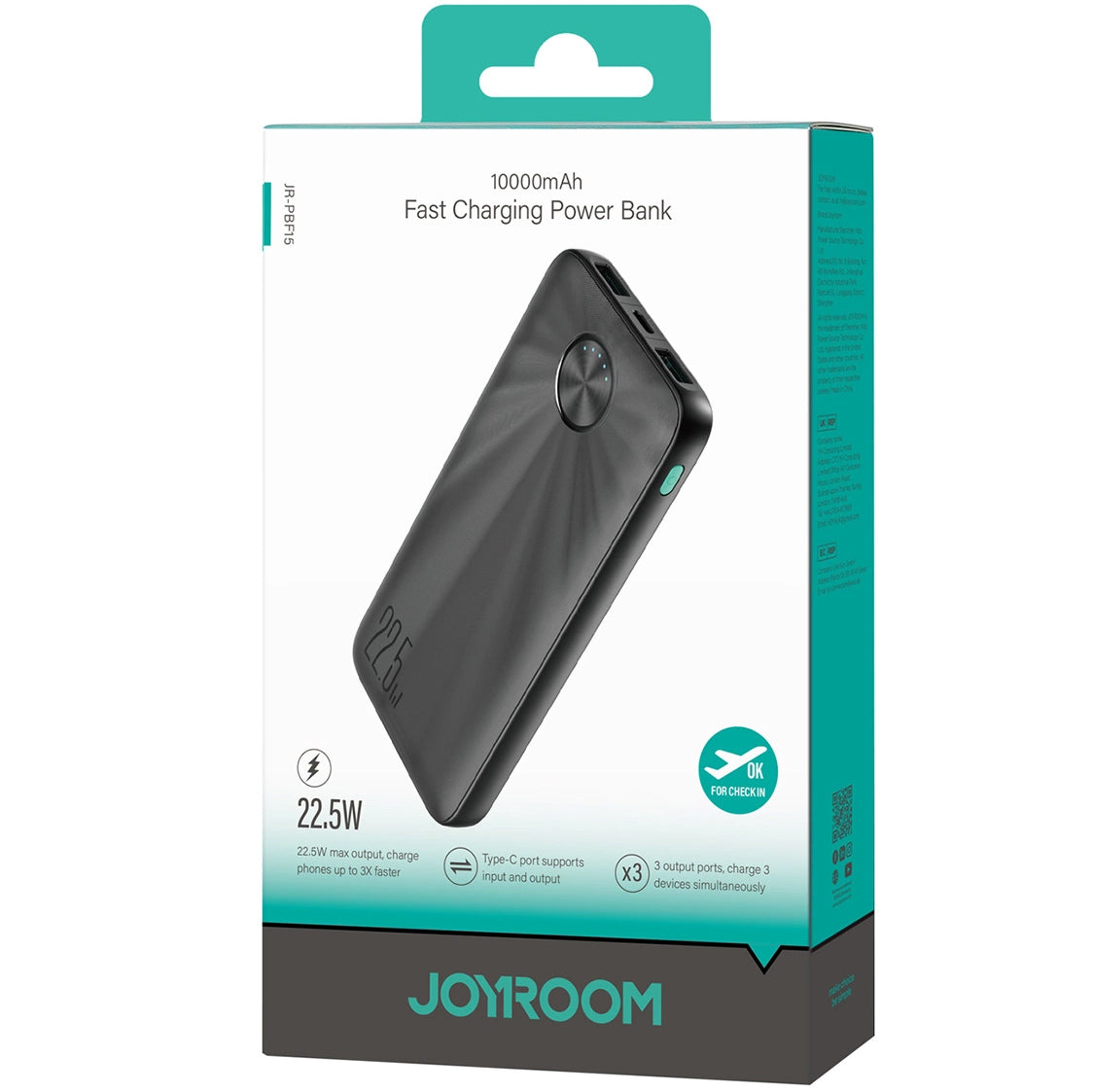 Externe batterij Joyroom JR-PBF15, 10000mAh, 22,5W, QC + PD, 1 x USB-C - 2 x USB-A, Zwart 