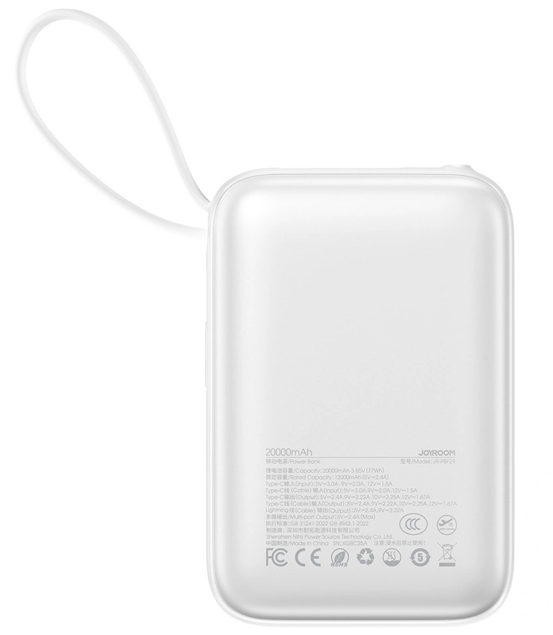 Externe Batterij Joyroom JR-PBF29, 20000mAh, 22.5W, QC + PD, 1 x Lightning - 2 x USB-C, Wit