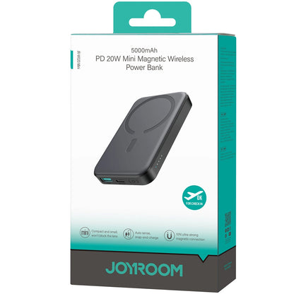 Joyroom JR-W020 MagSafe Externe Batterij, 5000mAh, 20W, QC + PD + FQI, 1 x QI - 1 x USB-A - 1 x USB-C, Zwart 