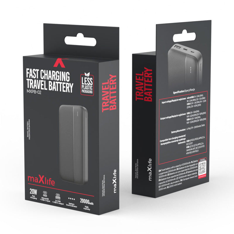Externe Batterij MaXlife MXPB-02, 20000mAh, 20W, QC + PD, 1 x USB-A - 1 x USB-C, Zwart