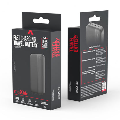 Externe Batterij MaXlife MXPB-02, 20000mAh, 20W, QC + PD, 1 x USB-A - 1 x USB-C, Zwart